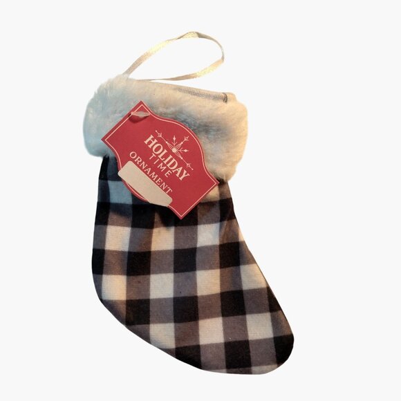 Holiday Time Black White Checkered Faux Fur Mini Christmas Stocking Ornament - Picture 2 of 3